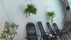 Un espace détente avec des chaises en métal noir et une plante en pot.
