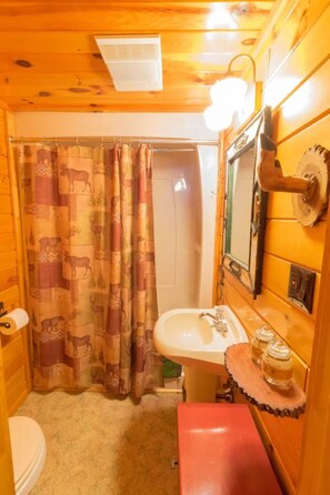 Une salle de bain rustique, aménagée dans une cabane en bois, avec des toilettes, un lavabo et une douche.