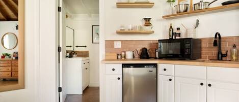 Fridge, microwave, stovetop, coffee/tea maker