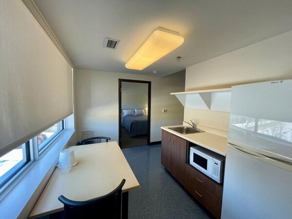 A compact kitchen with a microwave, sink, and a window overlooking a snowy landscape.