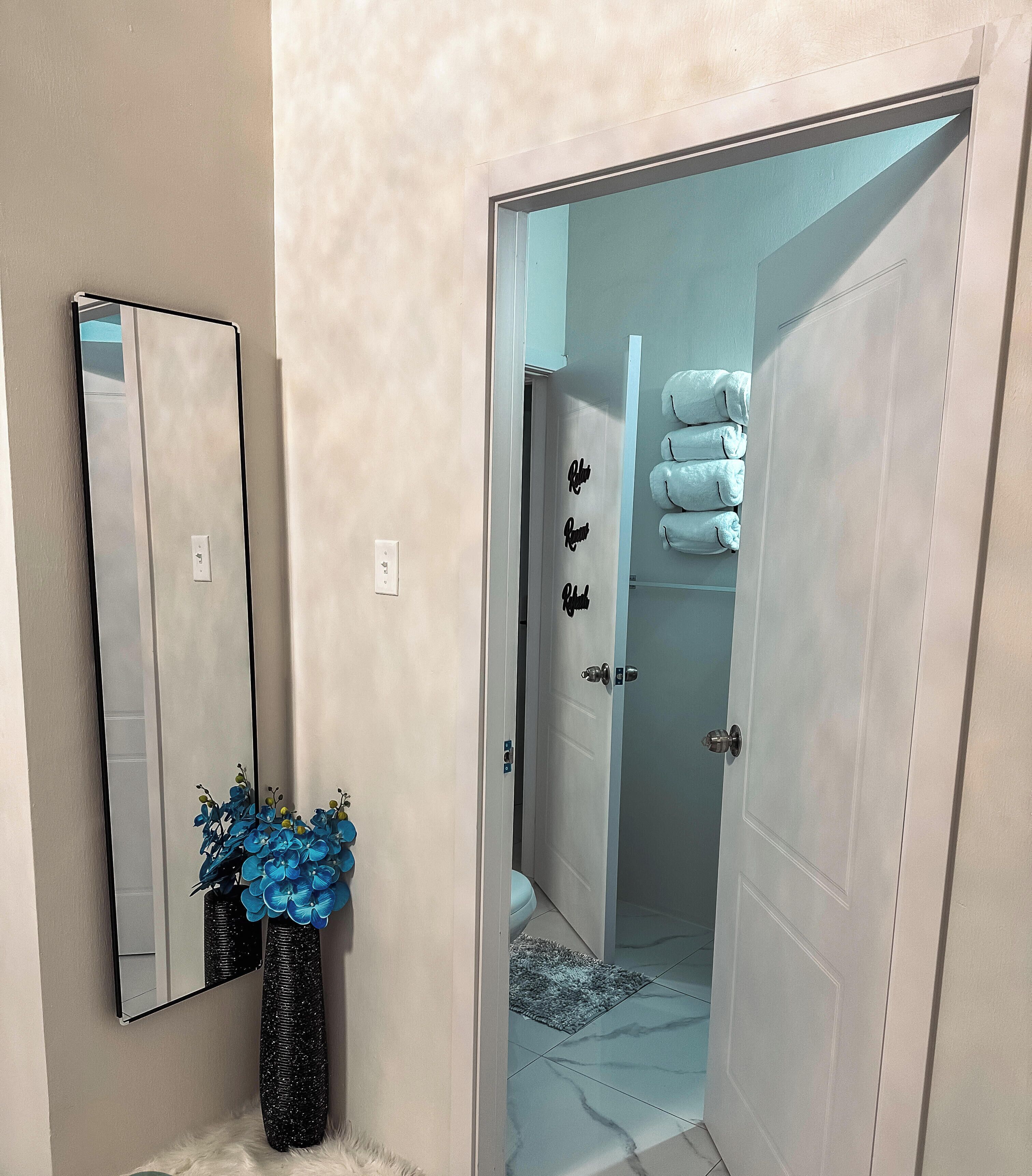 Shower, towels, soap, toilet paper