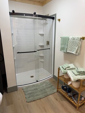 Shower, towels, toilet paper