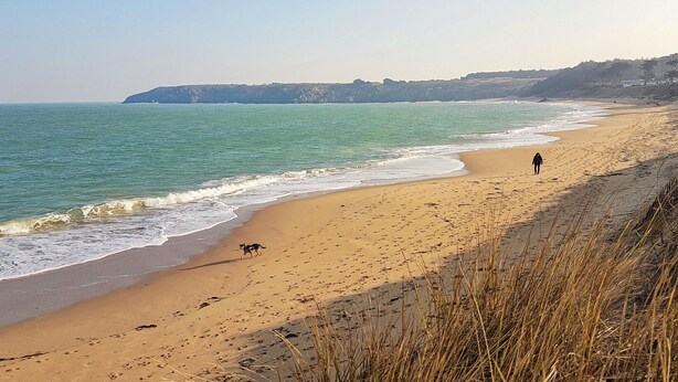 A beach with a person walking a dog, a clear sky, and a coastline with vegetation. - 3 bedroom gorgeous home in Parigné (Parigné)