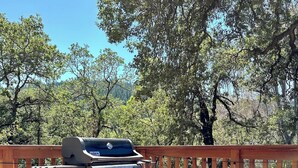A barbecue grill on a wooden deck with a glass table and wicker chairs. - Large Cabin on Ave of Giants with private Eel River access (Miranda)