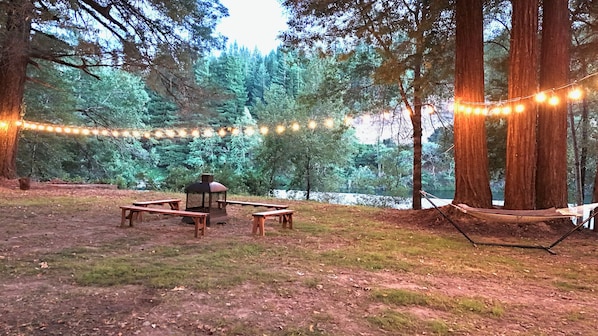 Un área boscosa con mesas de picnic, una parrilla y luces colgantes.