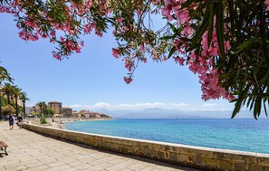Un paseo marítimo con muro de piedra, mar azul cristalino y edificios al fondo.