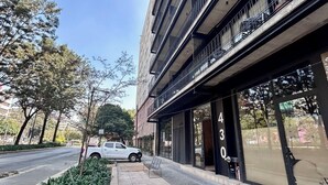 A modern building with a large glass facade, a visible fire hydrant, and a parked white car on the sidewalk. - Mi Zona Lodging Chapultepec (Mexico City)