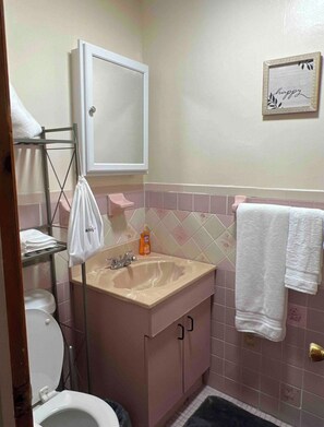 Hair dryer, towels, soap, toilet paper