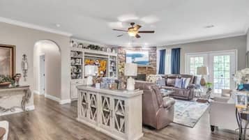 Smart TV, fireplace, table tennis, books