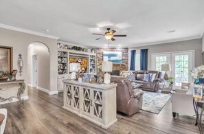 Smart TV, fireplace, table tennis, books