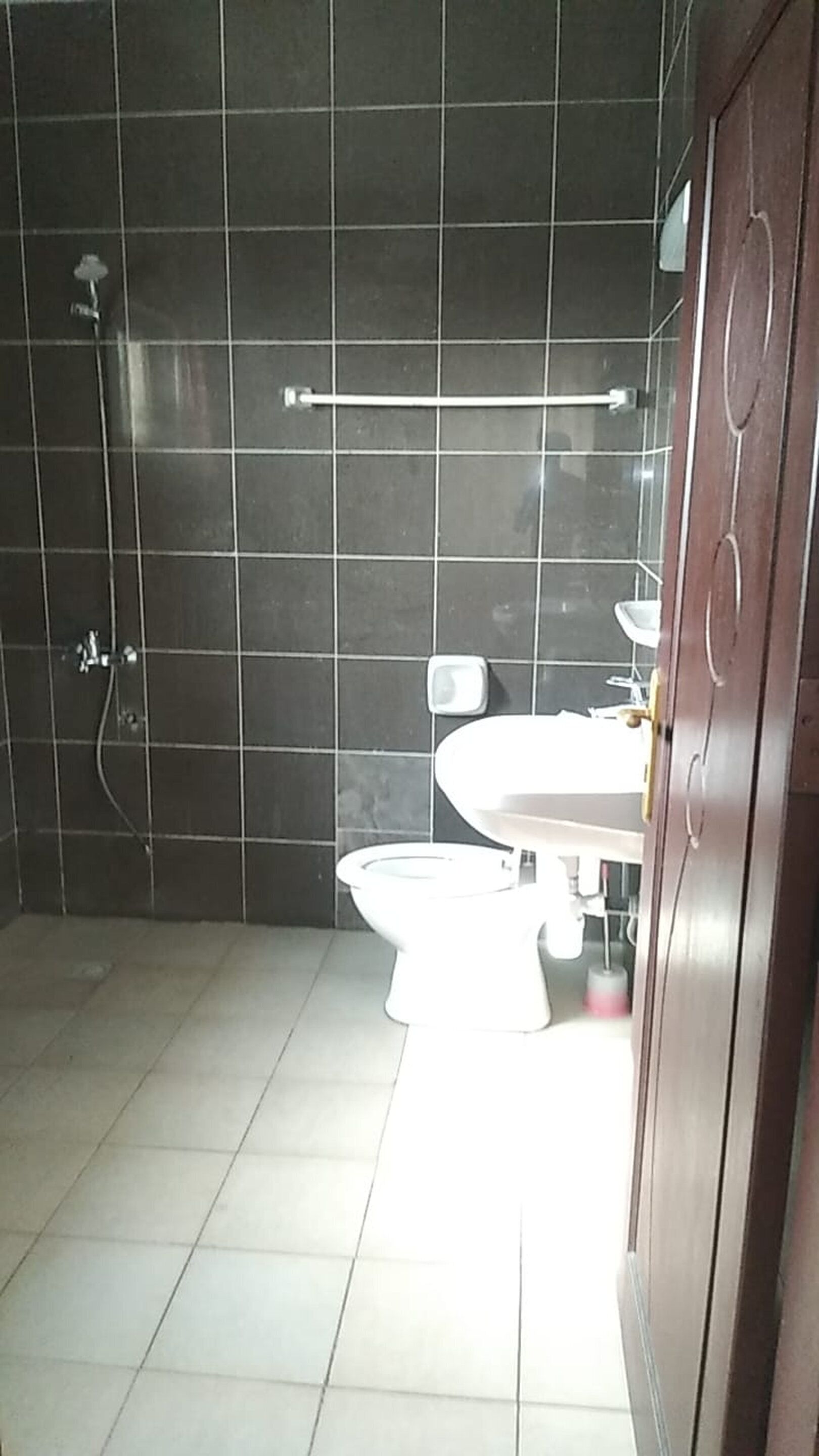 Combined shower/bathtub, towels, soap, toilet paper