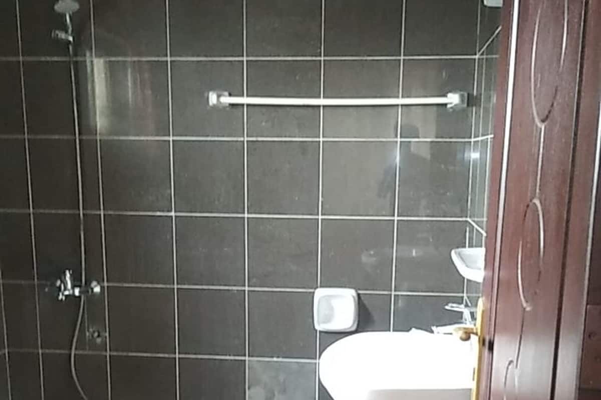 シャワー付き浴槽、タオル、石鹸、トイレットペーパー