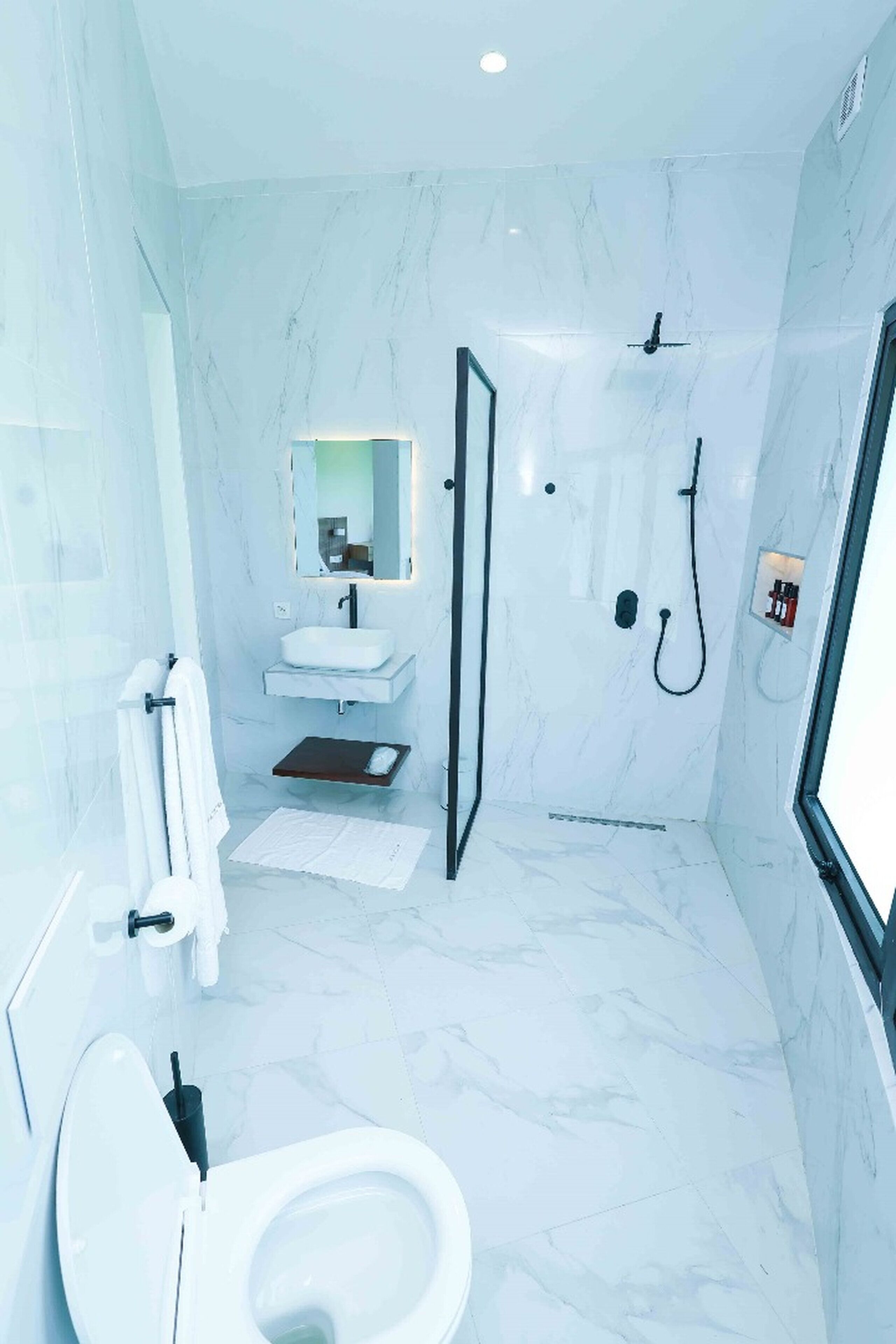 Combined shower/tub, towels, soap, toilet paper