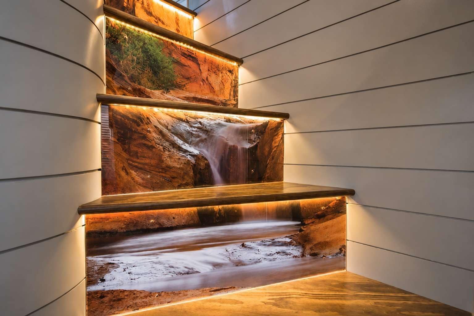 A staircase with integrated water features and warm lighting.