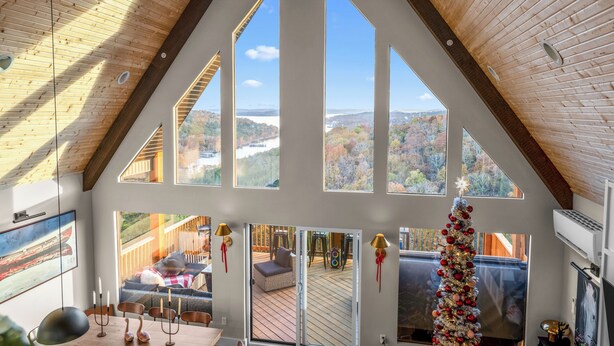 A high-ceilinged room with large windows, a fireplace, and a Christmas tree. - Liezl Lane (Indian Point)