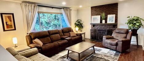 Smart TV, fireplace, books