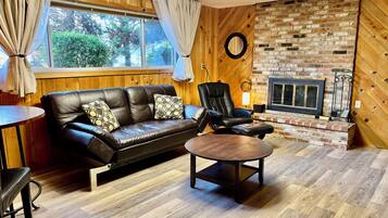 Smart TV, fireplace, books