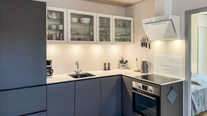 A modern kitchen with a built-in oven, a sink, and a countertop. - 2 bedroom amazing apartment in Gudhjem (Gudhjem)