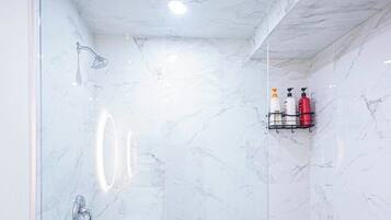 Hair dryer, towels, soap, shampoo