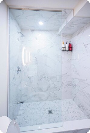 Hair dryer, towels, soap, shampoo