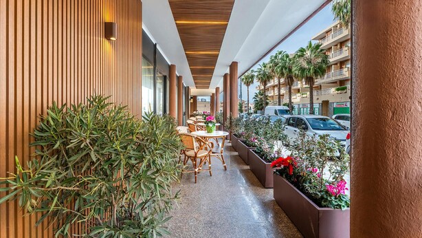 A corridor with wooden paneling, wicker furniture, and potted plants. - 1 bedroom awesome apartment in Alghero (Alghero)