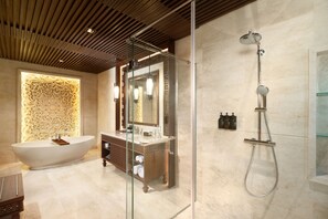 Olea Studio Villa with Private Pool | Bathroom | Separate bathtub and shower, hair dryer, slippers, towels