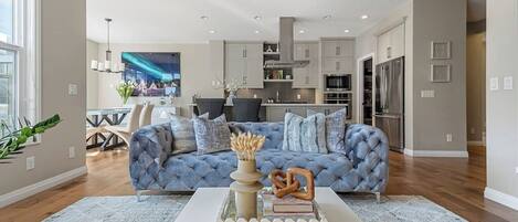 Smart TV, fireplace, books, stereo