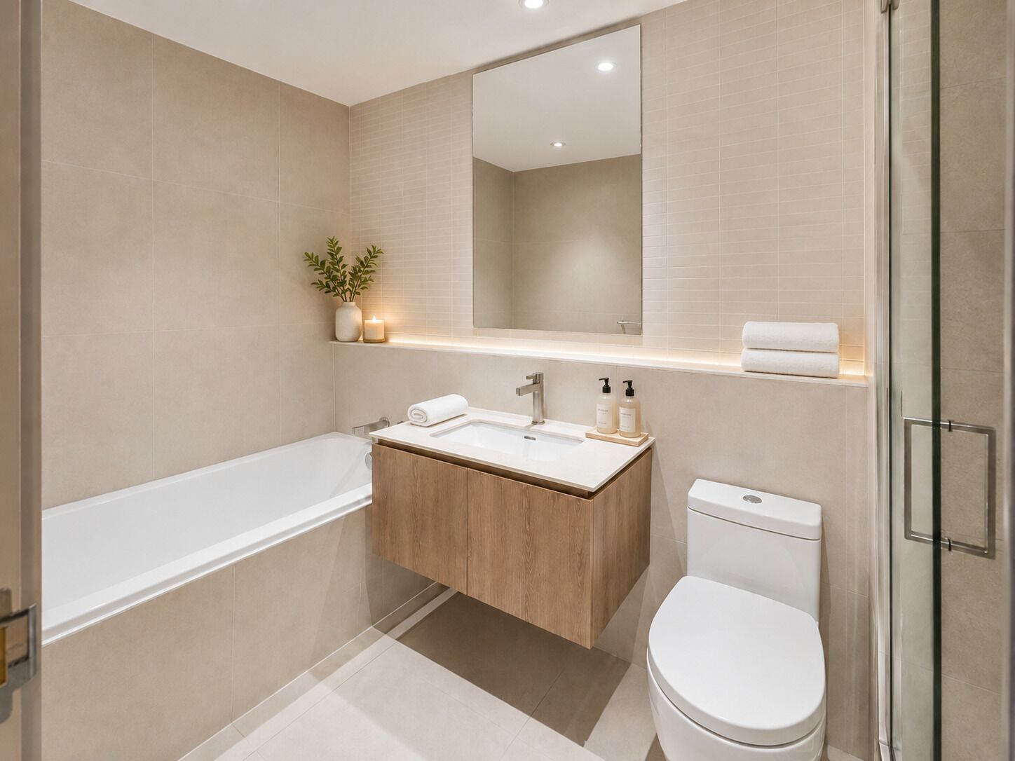 Two Bedroom Apartment | Bathroom | Shower, rainfall showerhead, hair dryer, towels