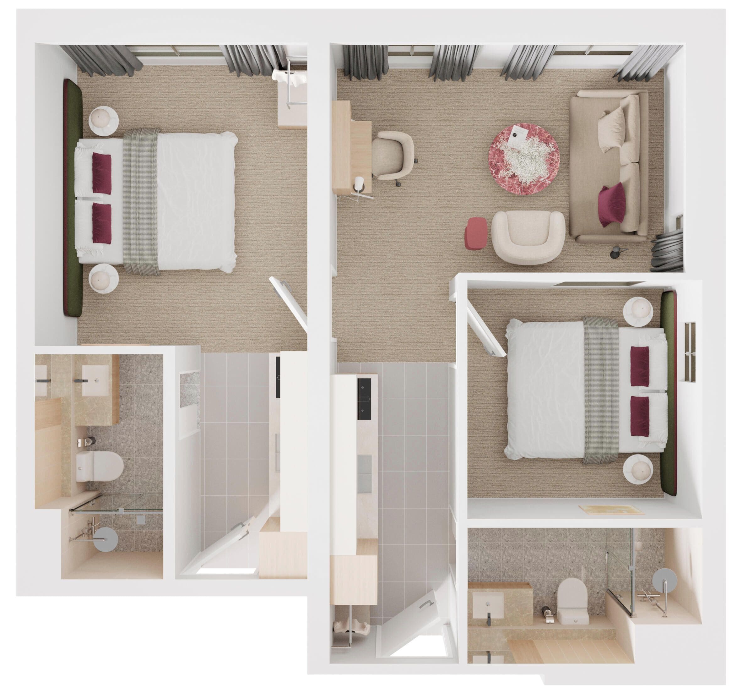A hotel room with a bed, a desk, a chair, a small table with a decorative item, a sofa, and a bathroom with a shower and toilet.