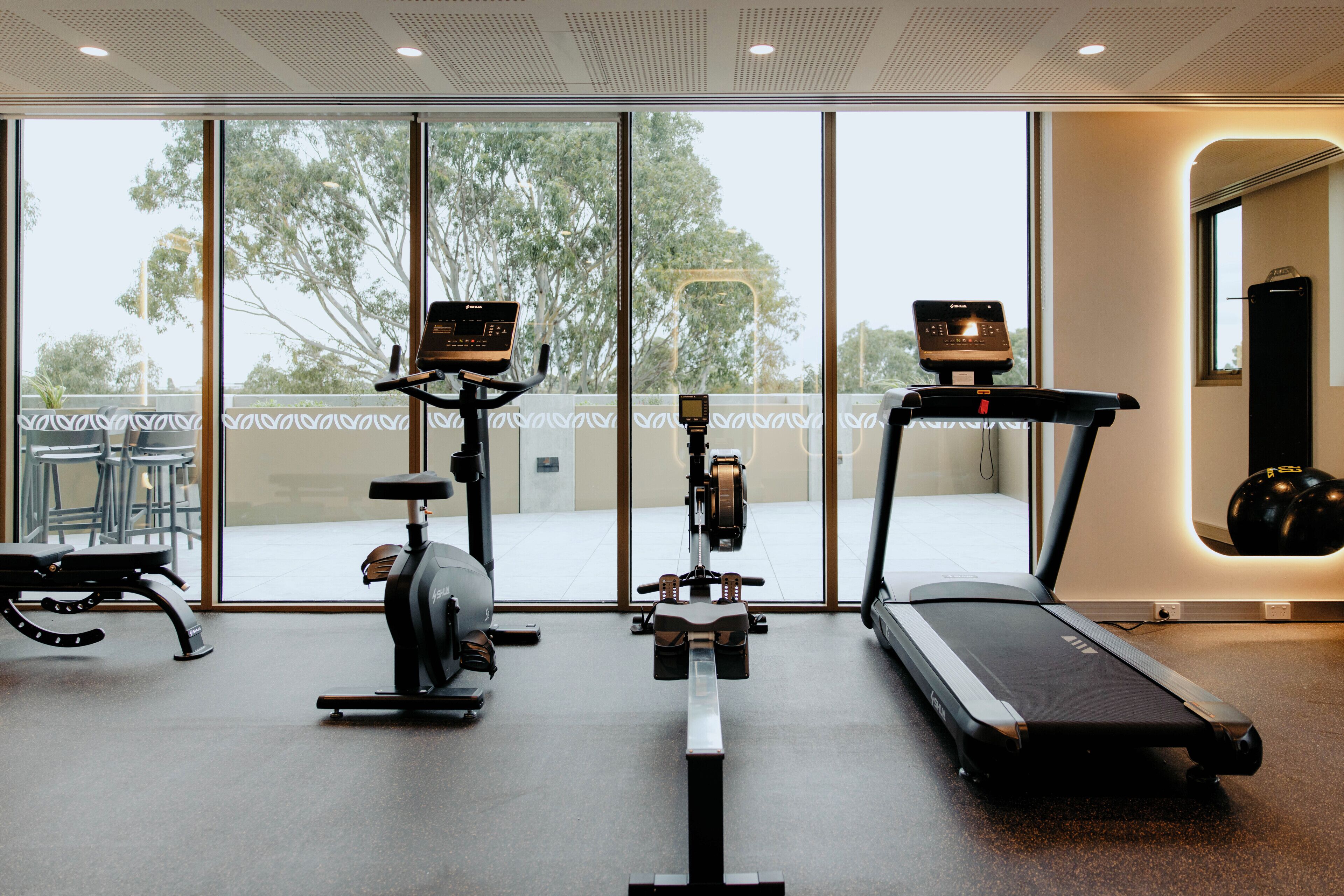Un gimnasio con máquinas de cardio, una banca y amplios ventanales con vistas al exterior.