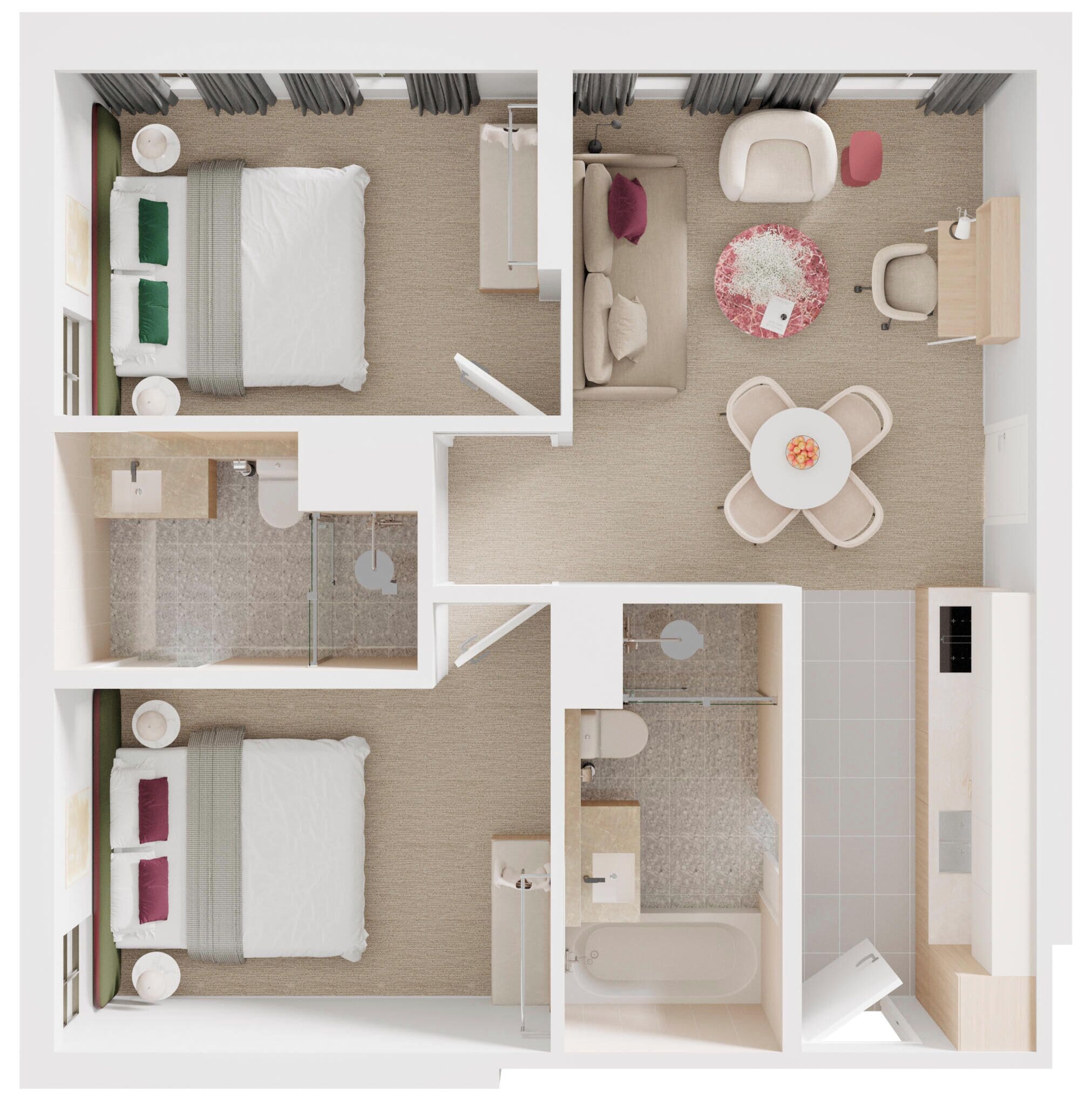 Un plan d’une chambre d’hôtel comprenant un lit, un coin salon, une salle de bain et une petite table à manger.