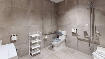 Shower, rainfall showerhead, hair dryer, towels
