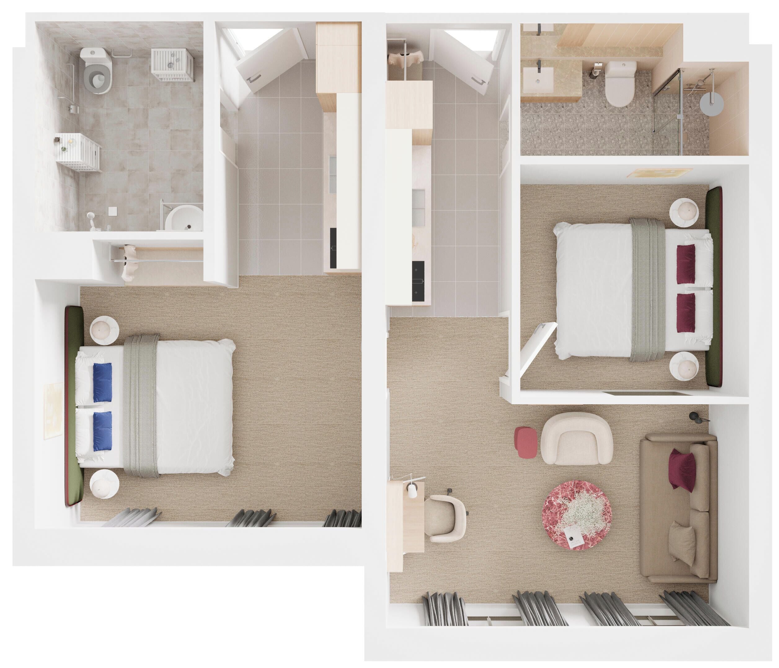 A hotel room with a bed, bedside table, chair, and a small bathroom with a toilet and sink.