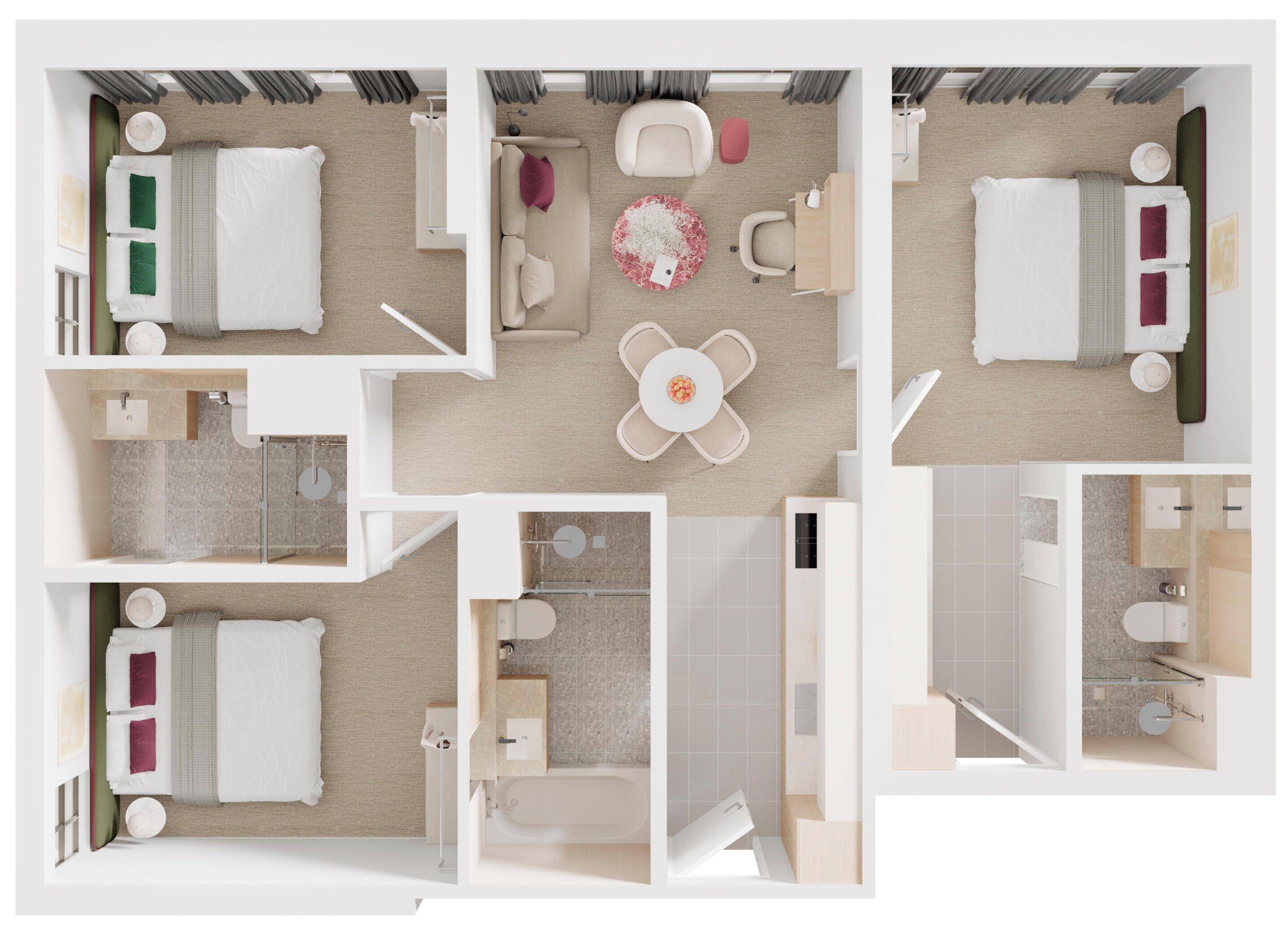 A hotel room layout with a bed, two seating areas, a small table, a bathroom, and a kitchenette.