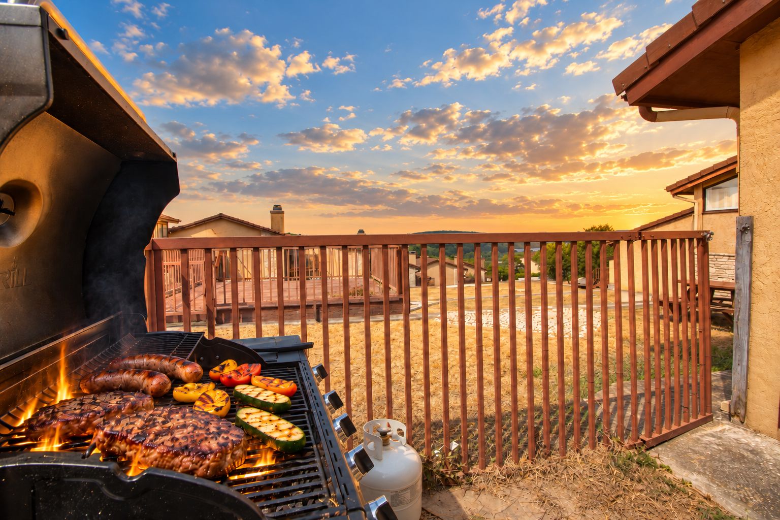 A barbecue grill with various meats and vegetables being cooked.
