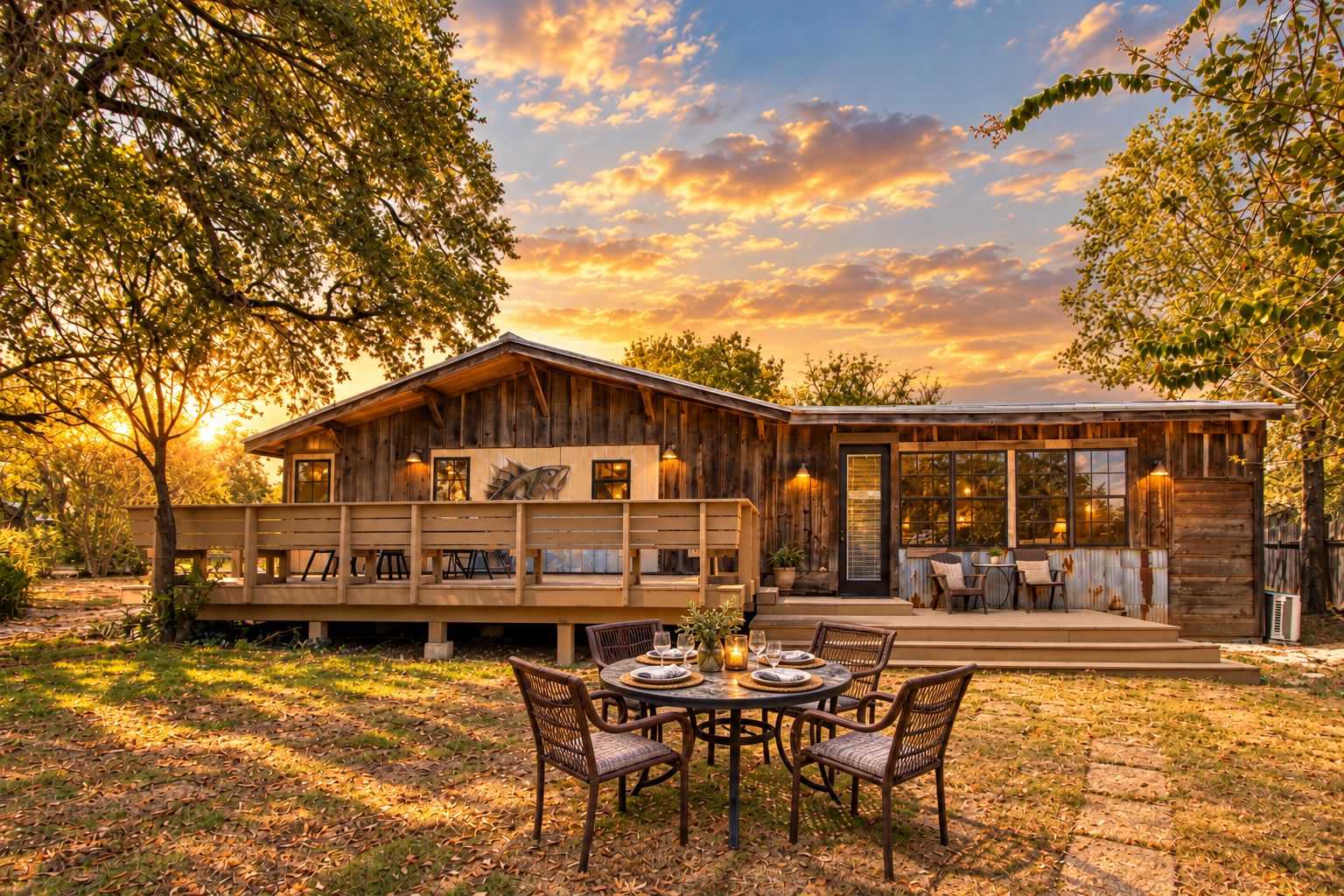 A wooden cabin with a deck, outdoor seating, and a dining area.