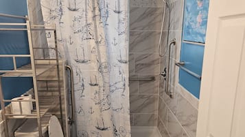 Shower, towels, toilet paper