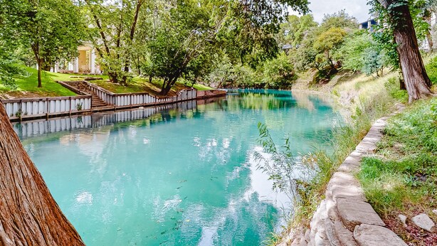 Ein ruhiger Poolbereich im Freien mit einem Steinweg und üppigem Grün.