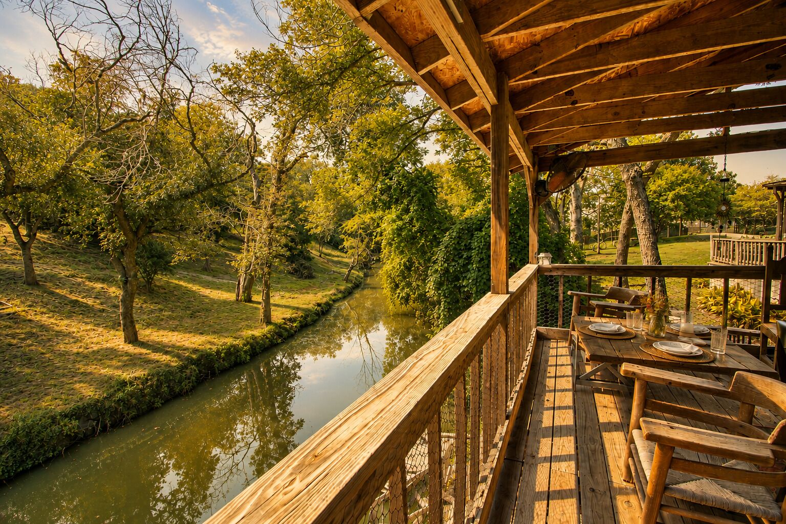 Une terrasse en bois avec une table dressée pour le repas, offrant une vue sur une rivière paisible et une végétation luxuriante.