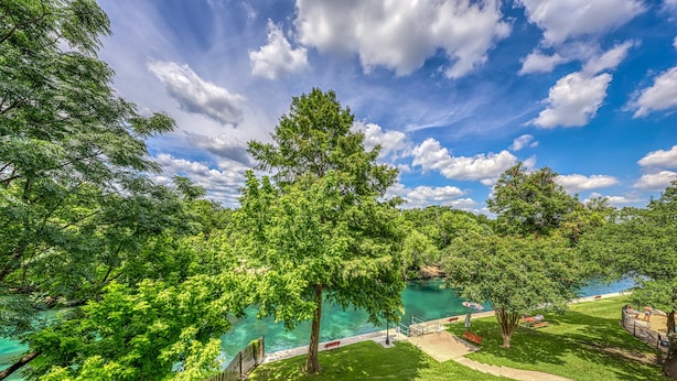 Üppige, grüne Landschaft mit blauem Himmel und einem Fluss.
