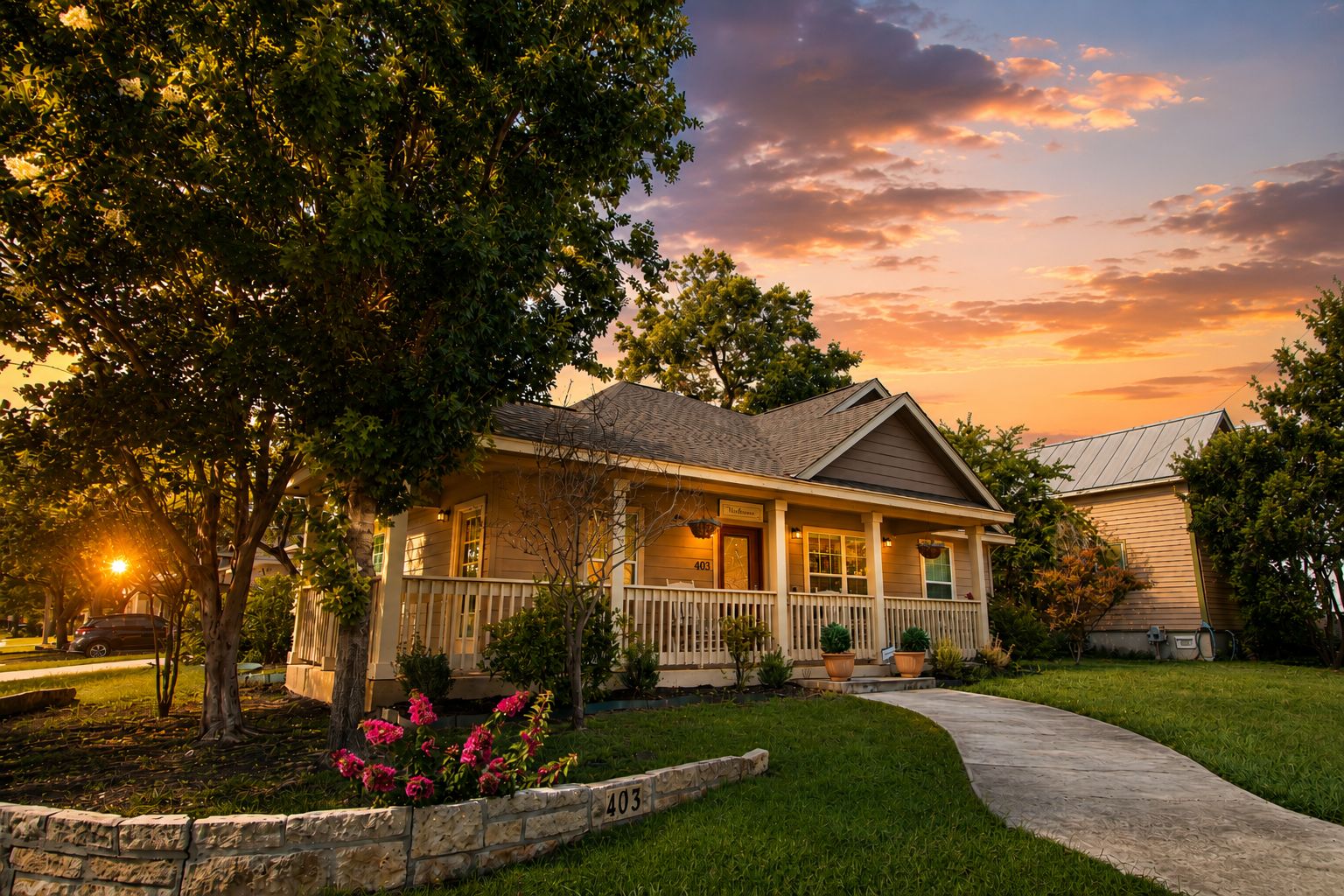 A two-story house with a front porch, a driveway, and a well-maintained lawn.