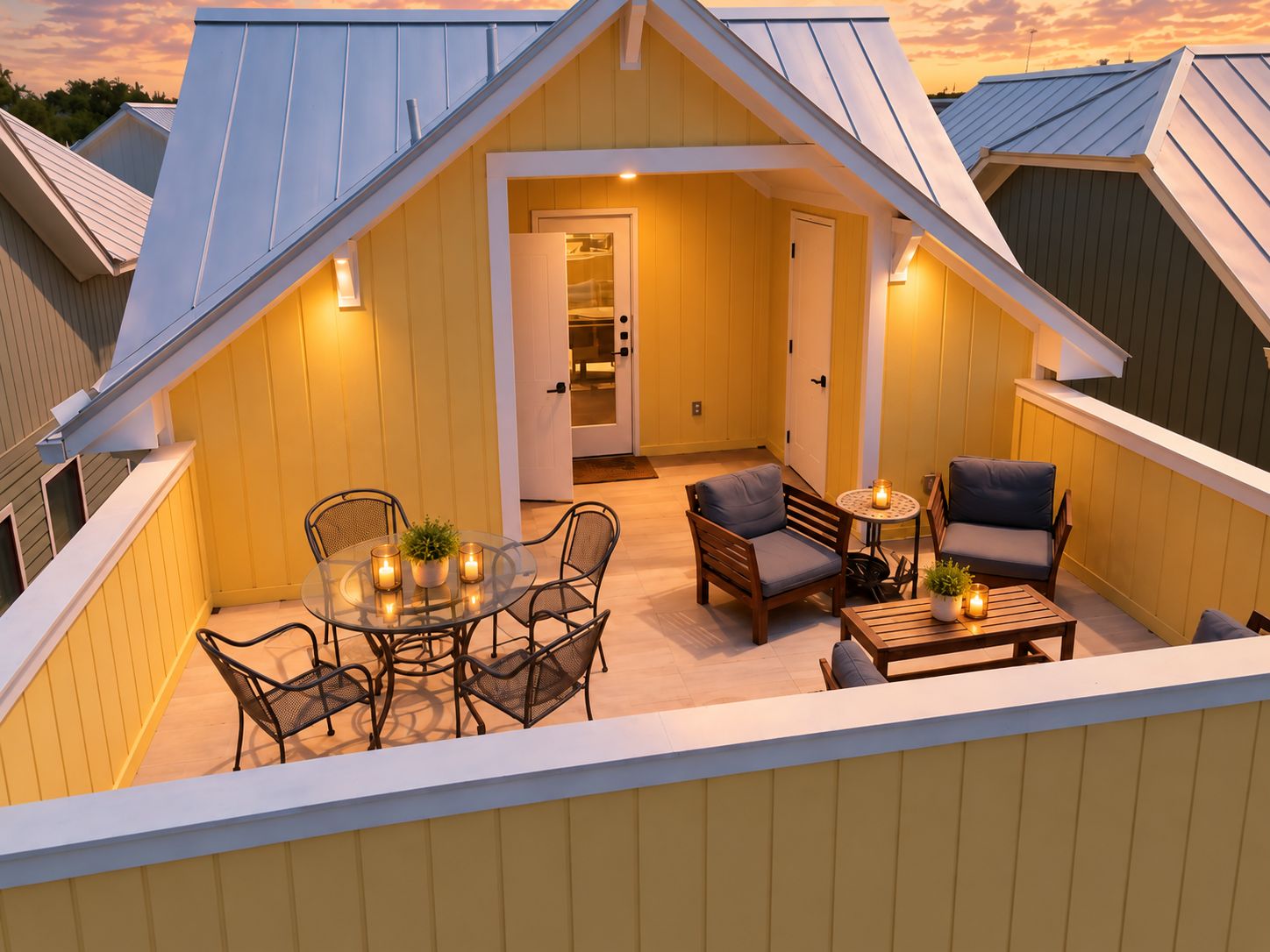 A cozy outdoor seating area with a table and chairs, a small round table with a candle, and a door leading to an interior space.