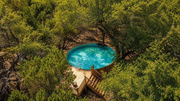 Vista aerea di una piscina circolare immersa nel verde.