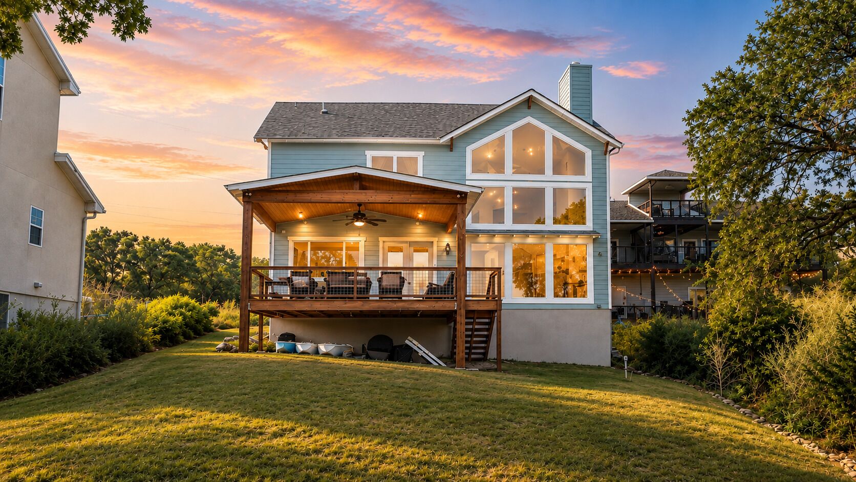 A two-story house with a covered porch and a deck, surrounded by a well-maintained lawn and trees.