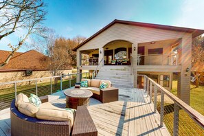 Terrace/patio - Lakefront home with hot tub, dock, kayaks, central AC, & great lake views (McQueeney)