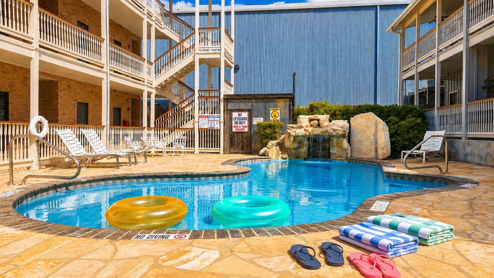An indoor swimming pool with lounge chairs, a no diving sign, and a lifeguard on duty sign.