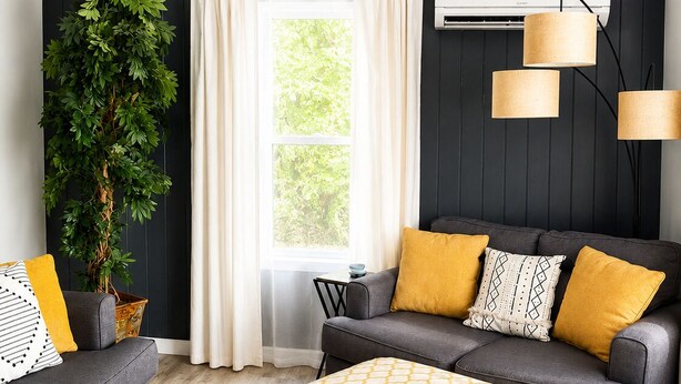 A modern living room with a grey sofa, a yellow patterned ottoman, a large green plant, and a window with white curtains. - Remodeled home across from river, train and park! (Cañon City)