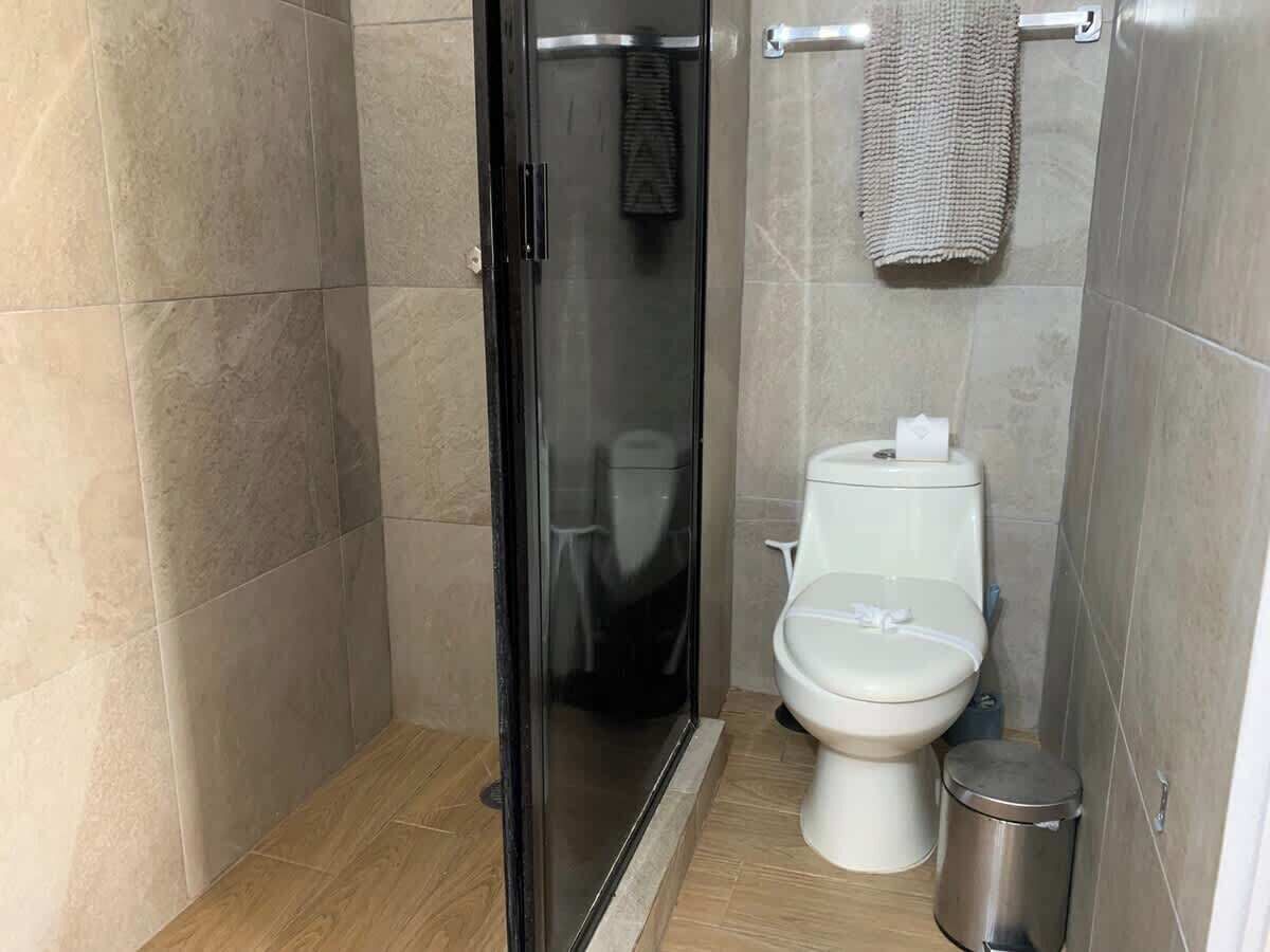 A bathroom with a glass-enclosed shower, a toilet, and a trash bin.
