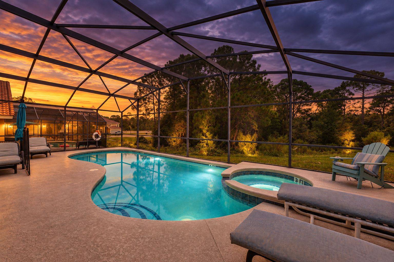 A swimming pool with a hot tub, surrounded by lounge chairs and a covered area with a view of trees and a sunset.