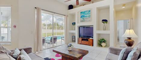 TV, DVD player, foosball, books